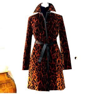 ECCOCI Coat 8 Leopard Print w/Leather Trim Snap Closure Lined NY Style Retro